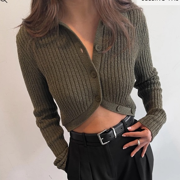 OAK + FORT Sweaters - Oak + Fort Olive Green Ribbed Cardigan